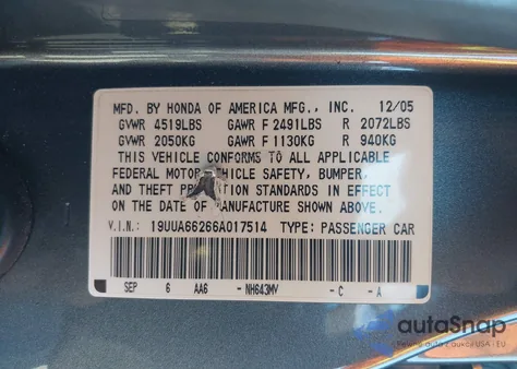 2006 Acura Tl z USA, uszkodzony, nr VIN 19UUA66266A017514